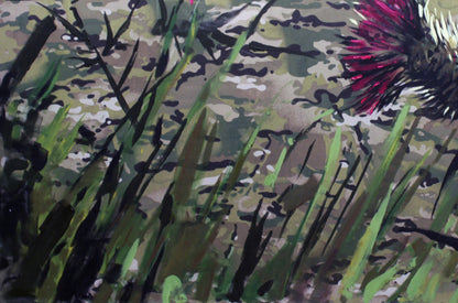 Oil painting of vibrant red thistle by Ed Potapenkov on camo grass