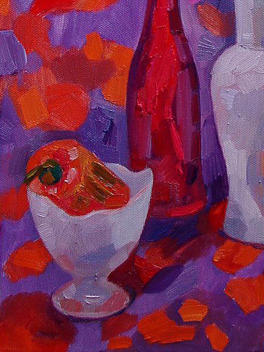 Vibrant abstract bird in white egg cup oil painting by Tatyana Shulyak