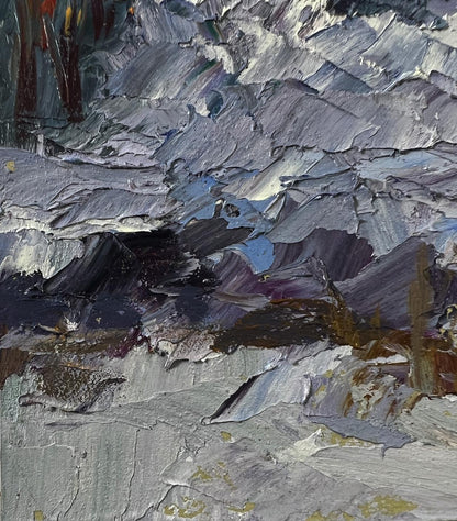 Snow-covered forest oil painting by Boris Serdyuk in gray impasto
