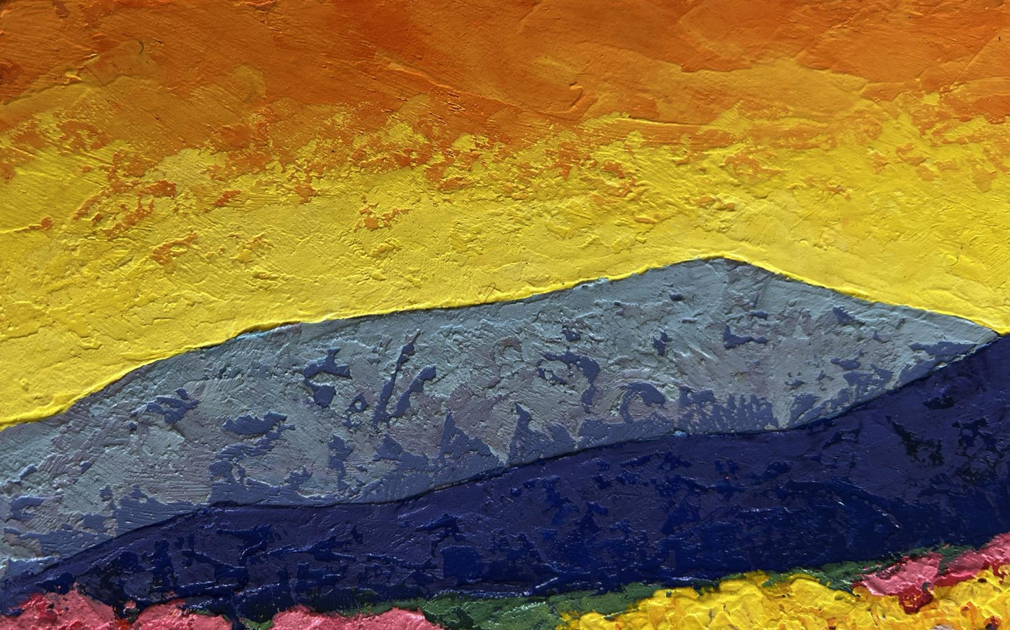 Textured acrylic painting of fiery sunset over mountains by V. Zadorozhnya