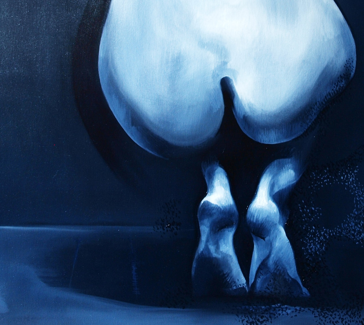 Surreal blue oil painting Alone by Konsta G. Amelinn, stylized nude back view
