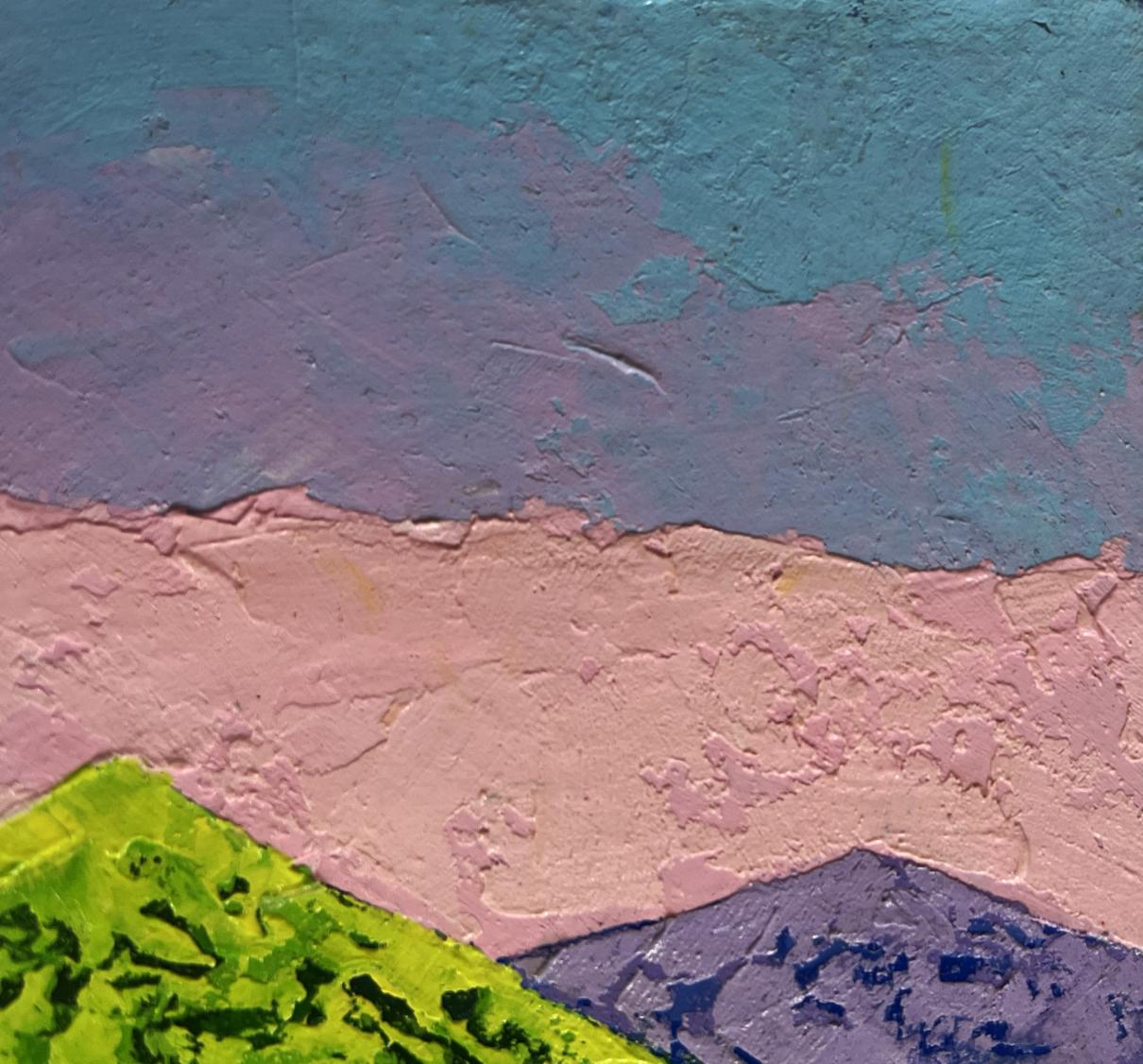 Abstract teal mauve pink green textured oil painting Symphony of sunset over mountains by V. Zadorozhnya