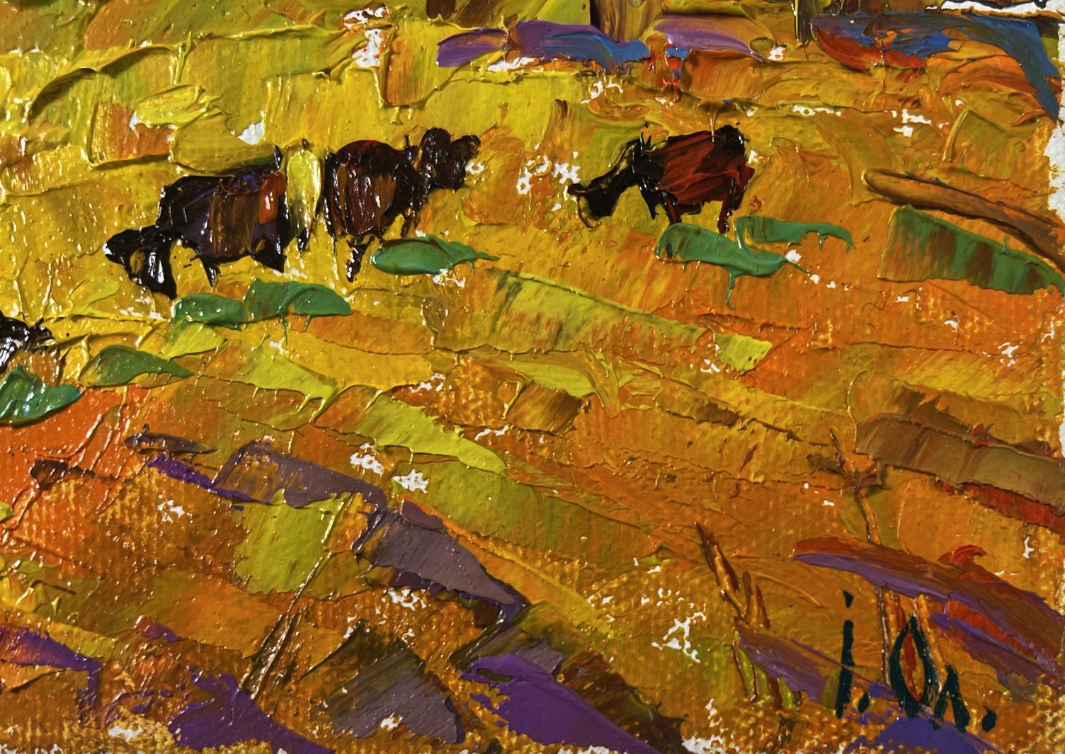 Oil painting Autumn and the last singing of birds by Oleksiy Ivanyuk with dark cows
