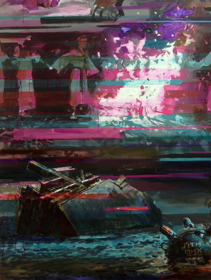Futuristic glitch oil painting Rite Ed Potapenkov in pink purple hues