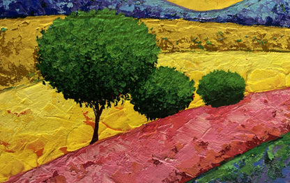 Vibrant impressionist oil painting by V. Zadorozhnya: green trees, yellow fields, pink paths between field and mountains