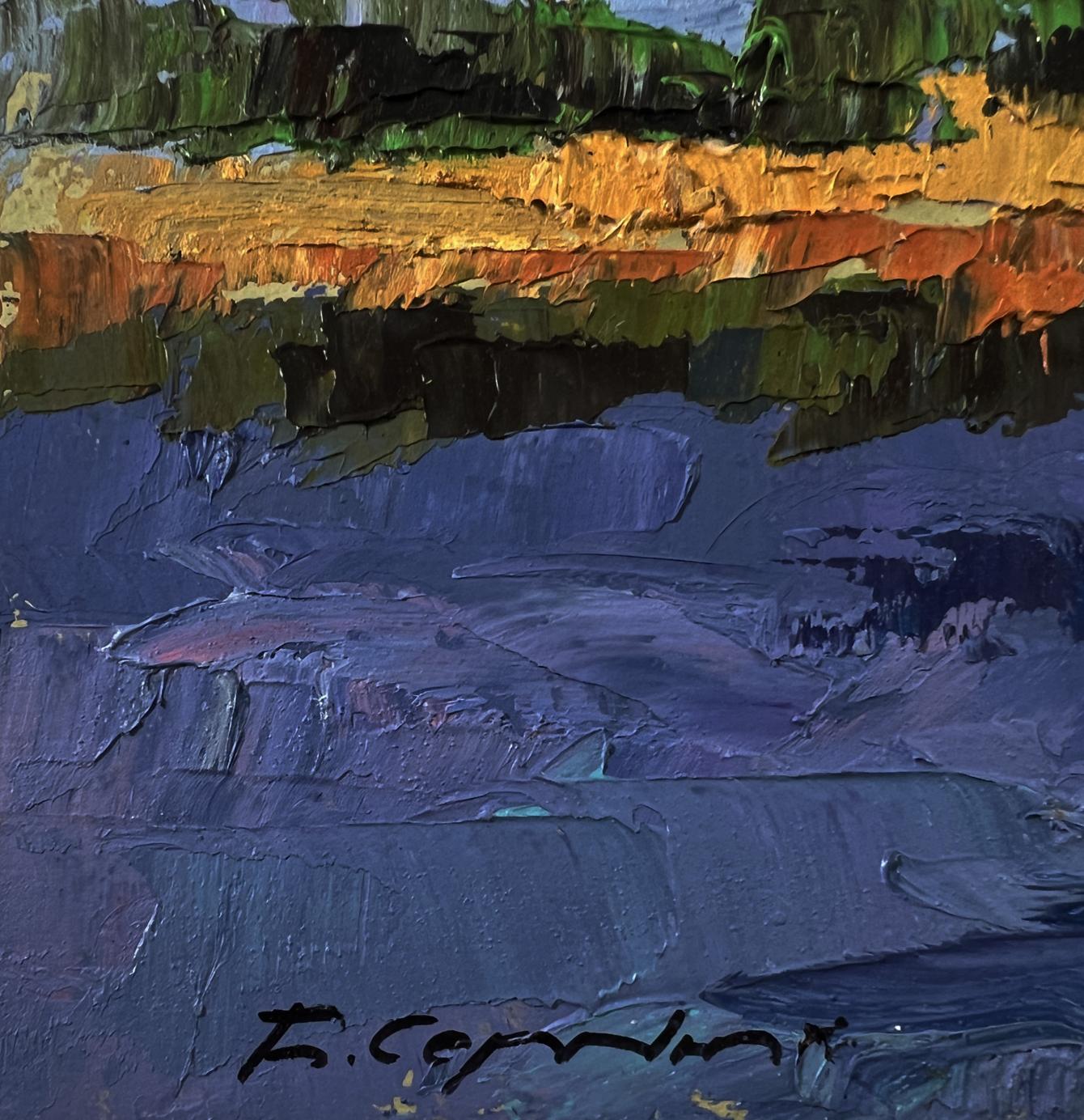 Oil painting of a river near a field by Boris Serdyuk, textured blues and oranges