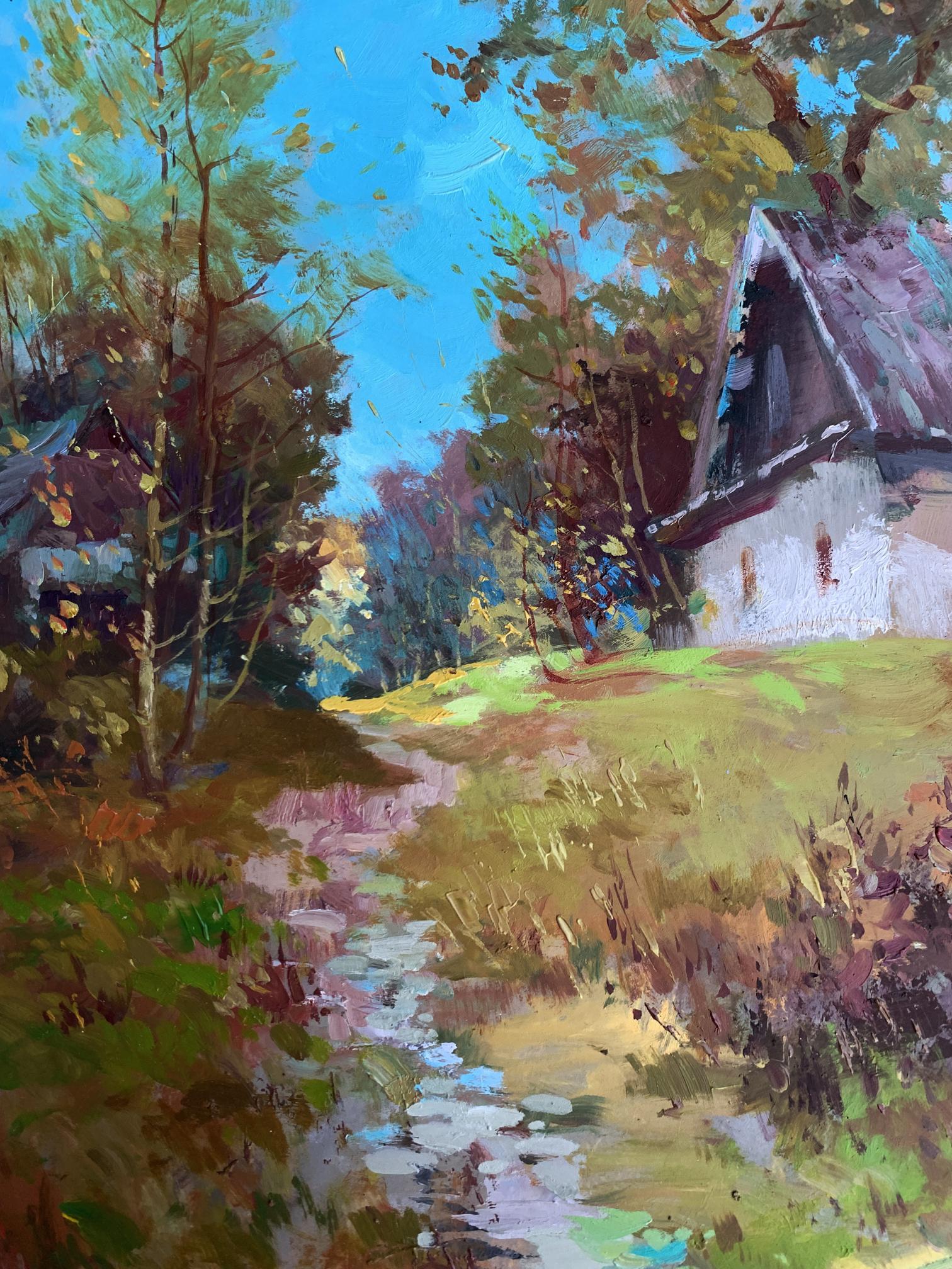 Oil painting Early morning in the village by Yuriy Suprunchuk rustic white cottage autumn trees