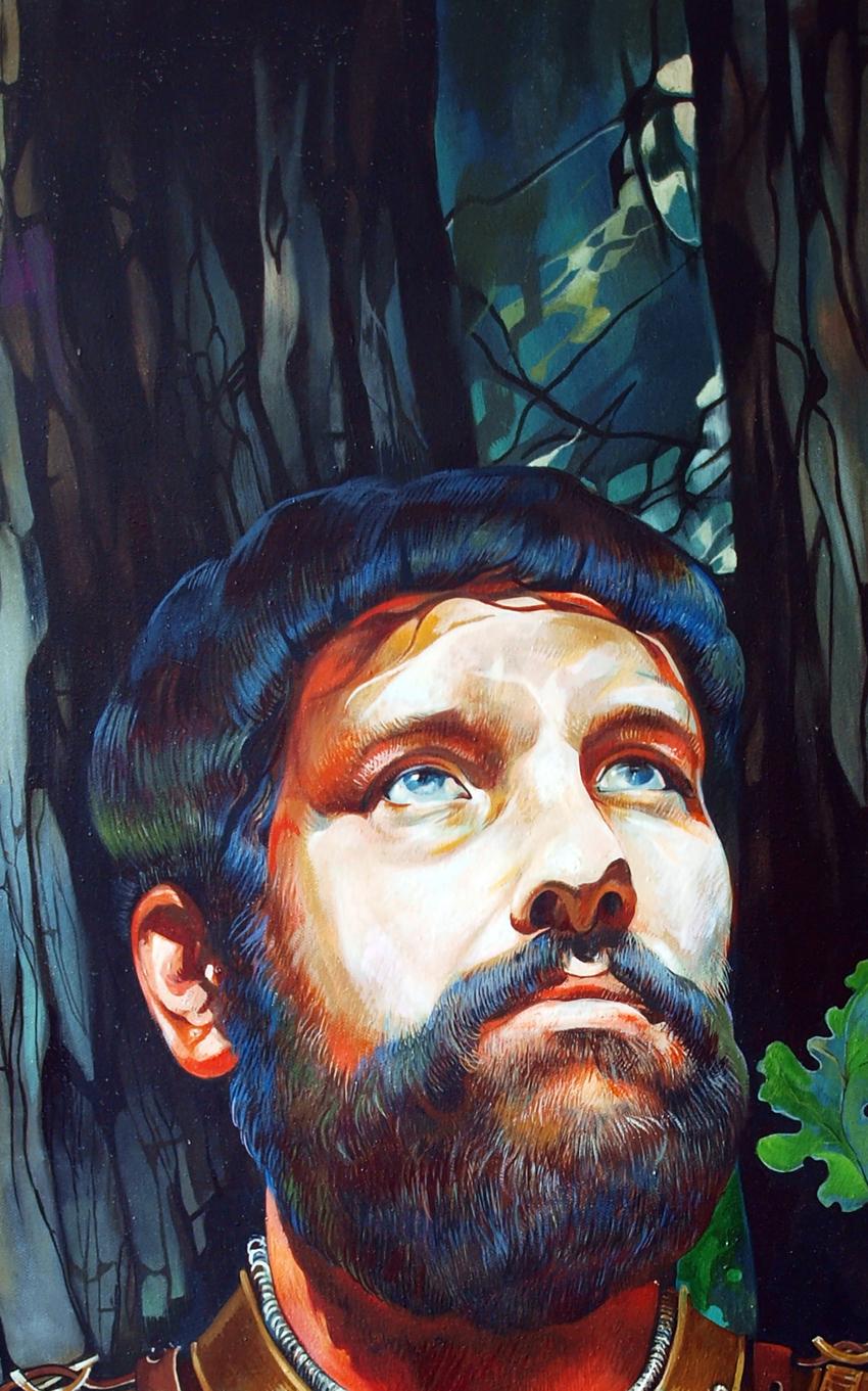 Vivid oil painting of Bhima by Konsta G. Amelinn, intense blue eyes, dark hair