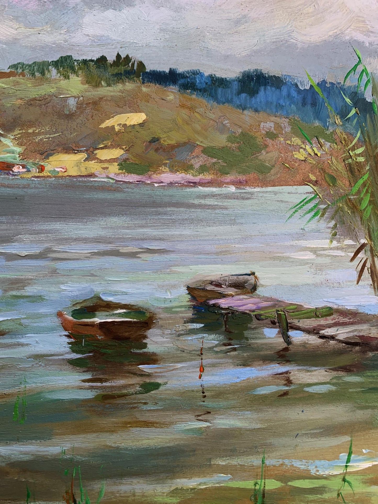 Rustic dock with rowboats in calm water, Yuriy Suprunchuk oil painting