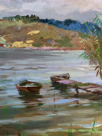 Rustic dock with rowboats in calm water, Yuriy Suprunchuk oil painting