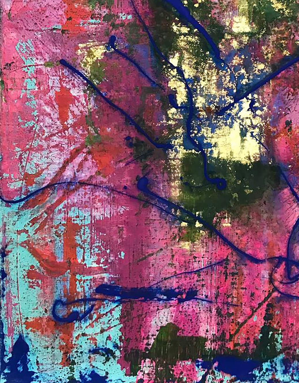 Vibrant acrylic painting Delight by Olga Melezhik with pink red teal blue splashes