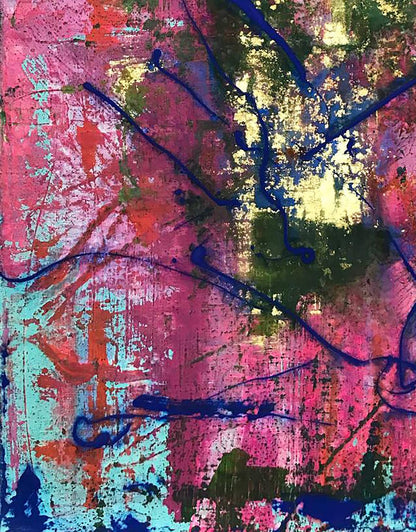 Vibrant acrylic painting Delight by Olga Melezhik with pink red teal blue splashes