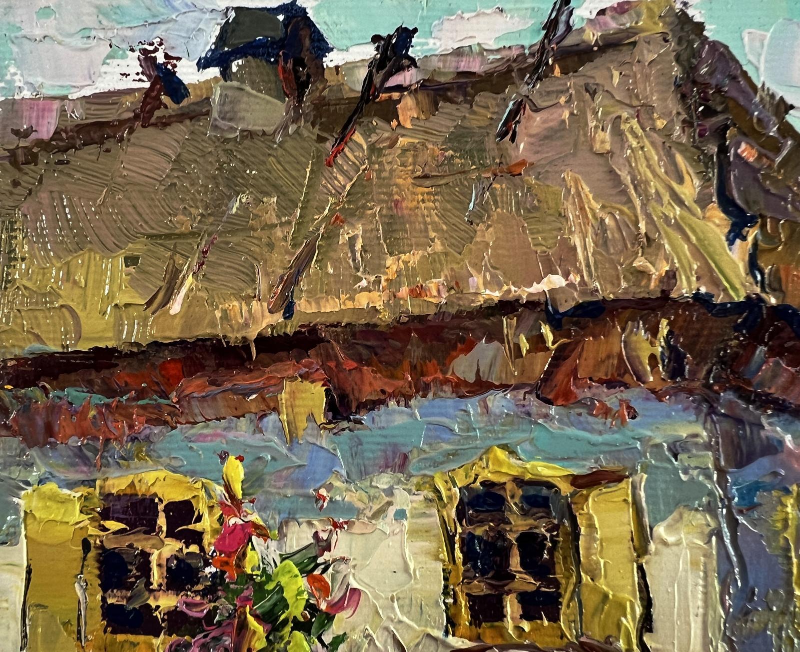 Oil painting of flower garden by Oksana Ivanyuk rustic house impasto
