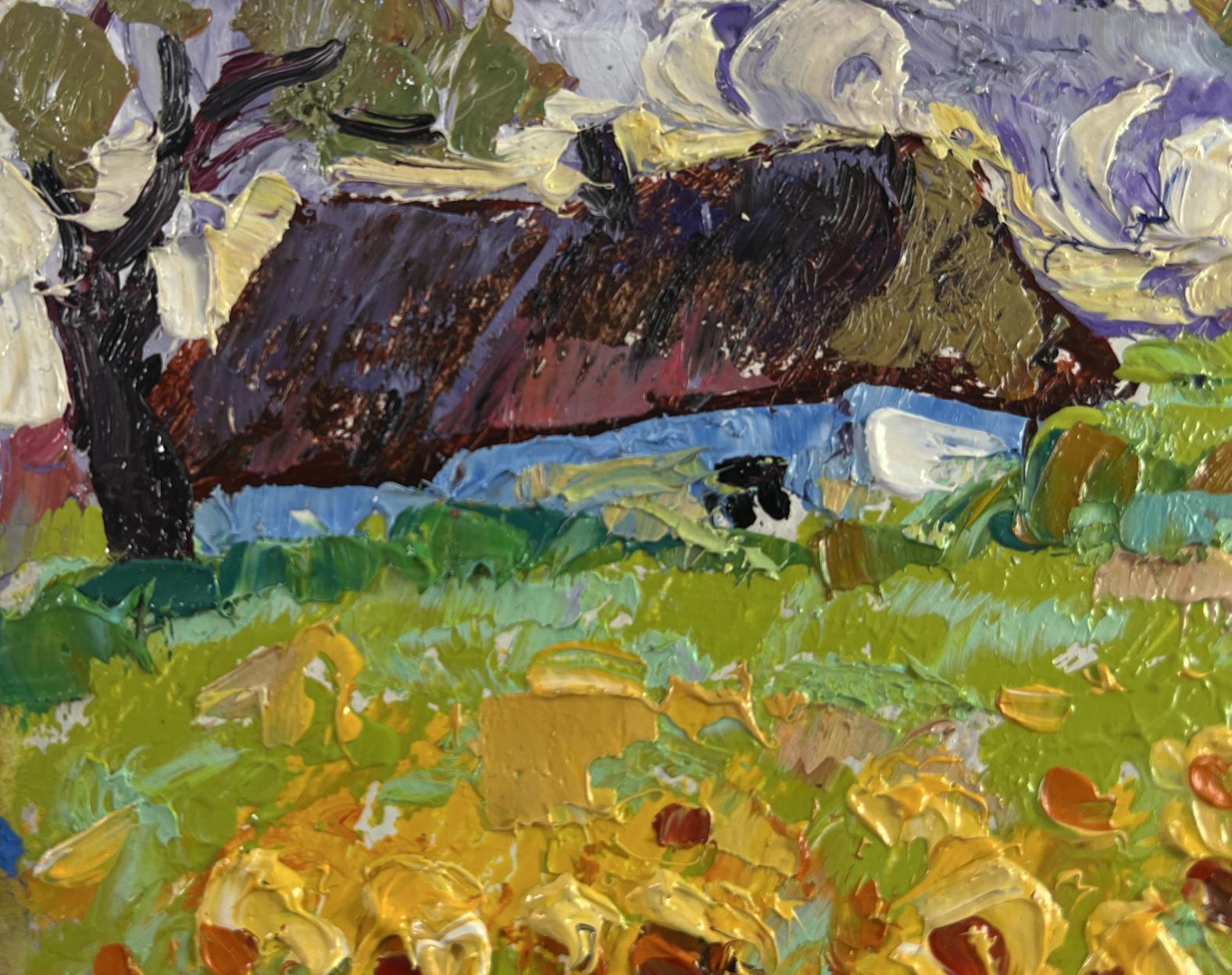 Oil painting Fragrant summer in the field by Oleksiy Ivanyuk, rustic thatched cottage