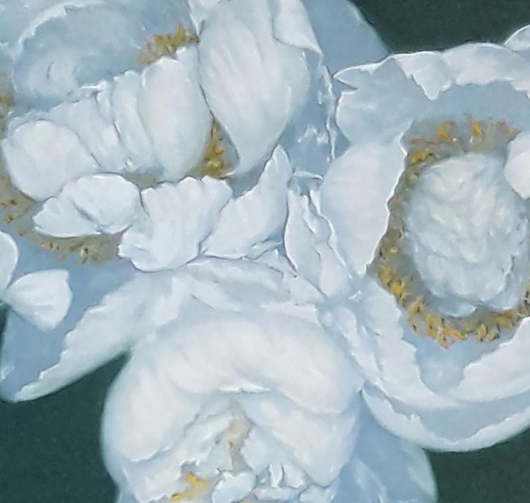 Oil painting of white peonies with delicate layered petals by Vasily Korkishko