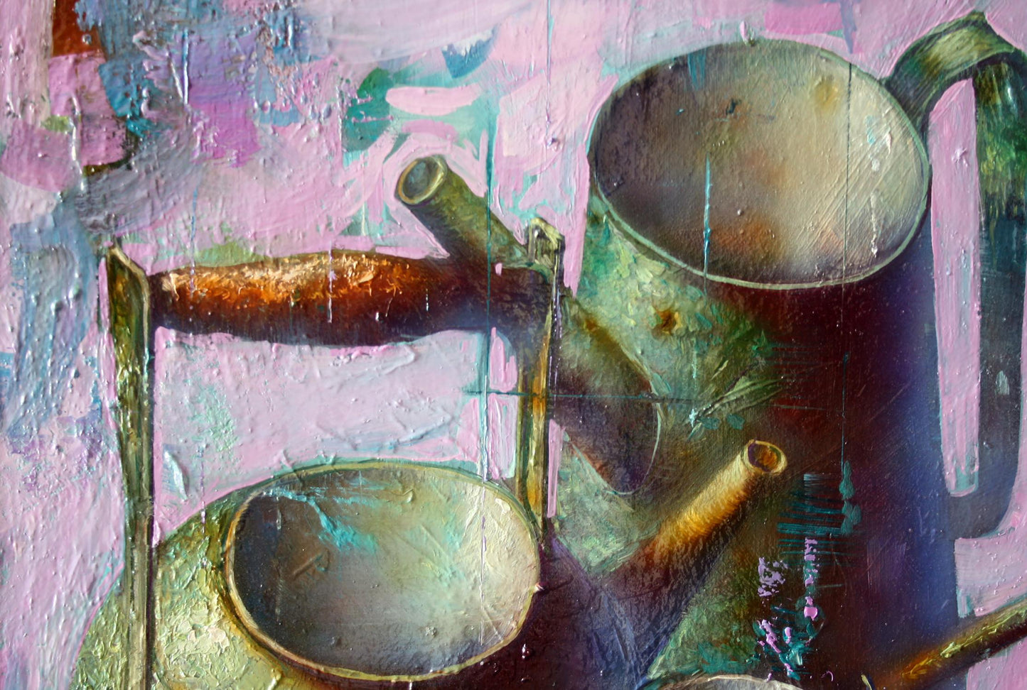 Oil painting Green still life by Alexander Dobrodiy with metallic watering cans