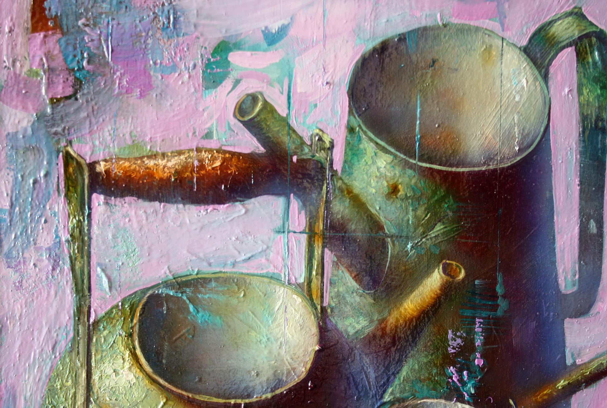 Oil painting Green still life by Alexander Dobrodiy with metallic watering cans