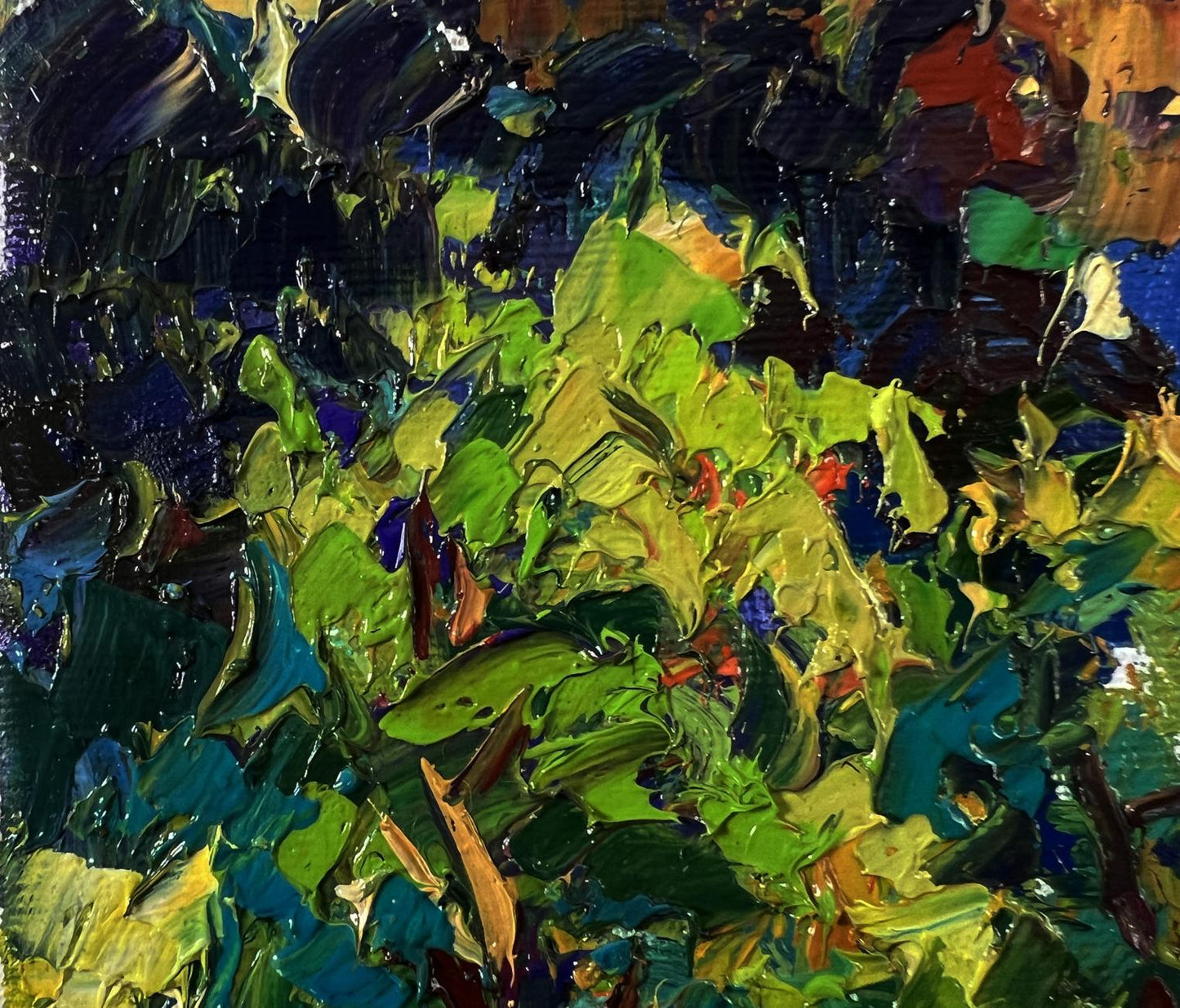 Oil painting Apiary in the Forest by Oksana Ivanyuk with vibrant green blue impasto foliage
