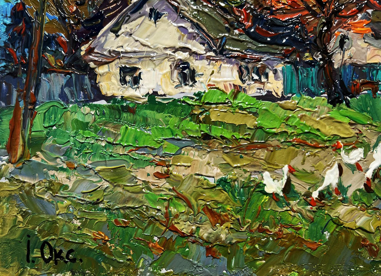 Oil painting Village street by Oksana Ivanyuk: textured impressionist white house in green fields