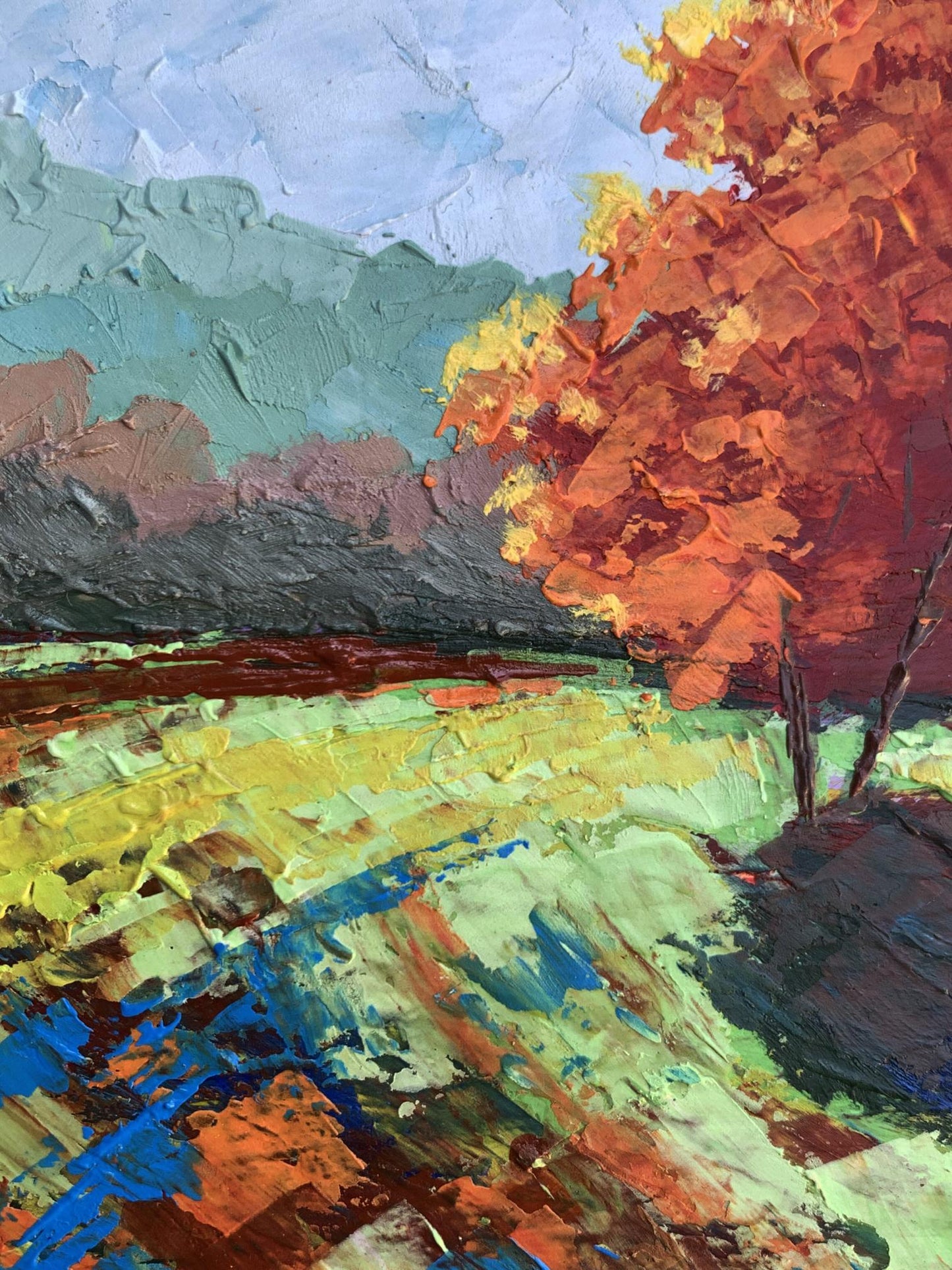 Oil painting Autumn tree V. Zadorozhnya with vibrant orange red foliage