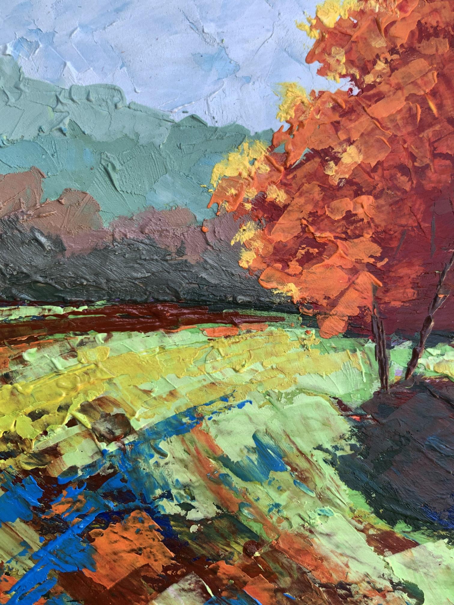 Oil painting Autumn tree V. Zadorozhnya with vibrant orange red foliage