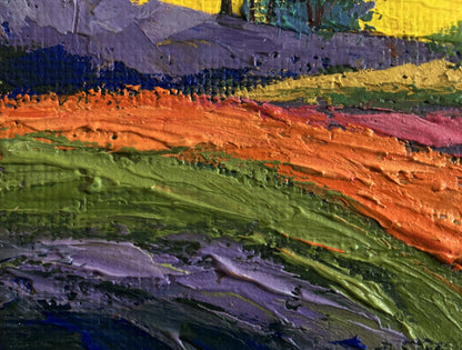 Vibrant oil painting of forest at sunset by V. Zadorozhnya