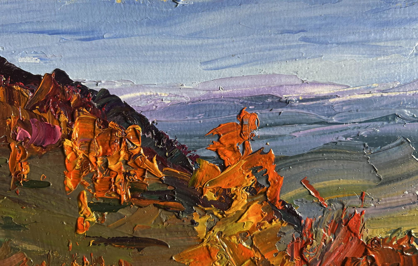 Oil painting Golden Mountain Fields by Boris Serdyuk, rugged coastal cliffs