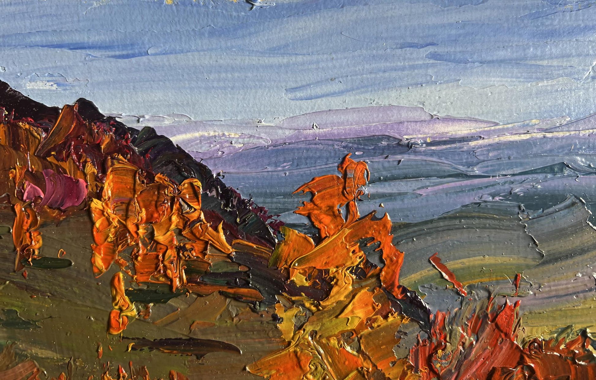 Oil painting Golden Mountain Fields by Boris Serdyuk, rugged coastal cliffs