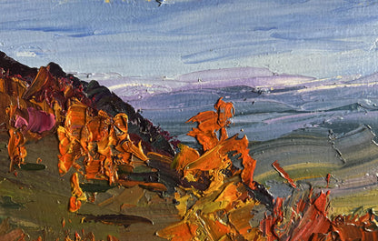 Oil painting Golden Mountain Fields by Boris Serdyuk, rugged coastal cliffs
