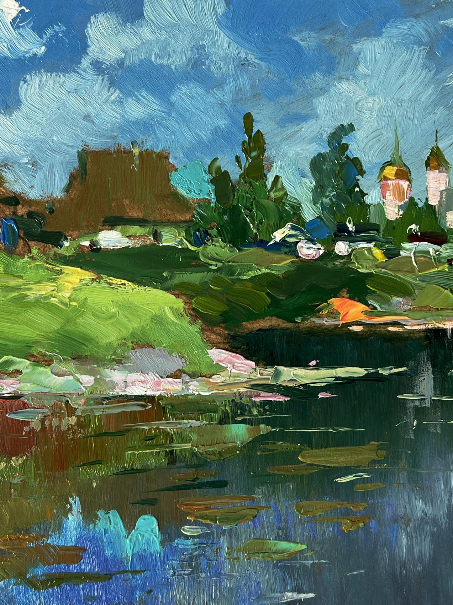 Vibrant impressionist oil painting of Yuriy Suprunchuk river near village