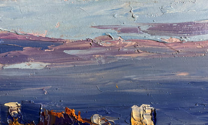 Oil painting On the sea coast by Boris Serdyuk with blue impasto strokes