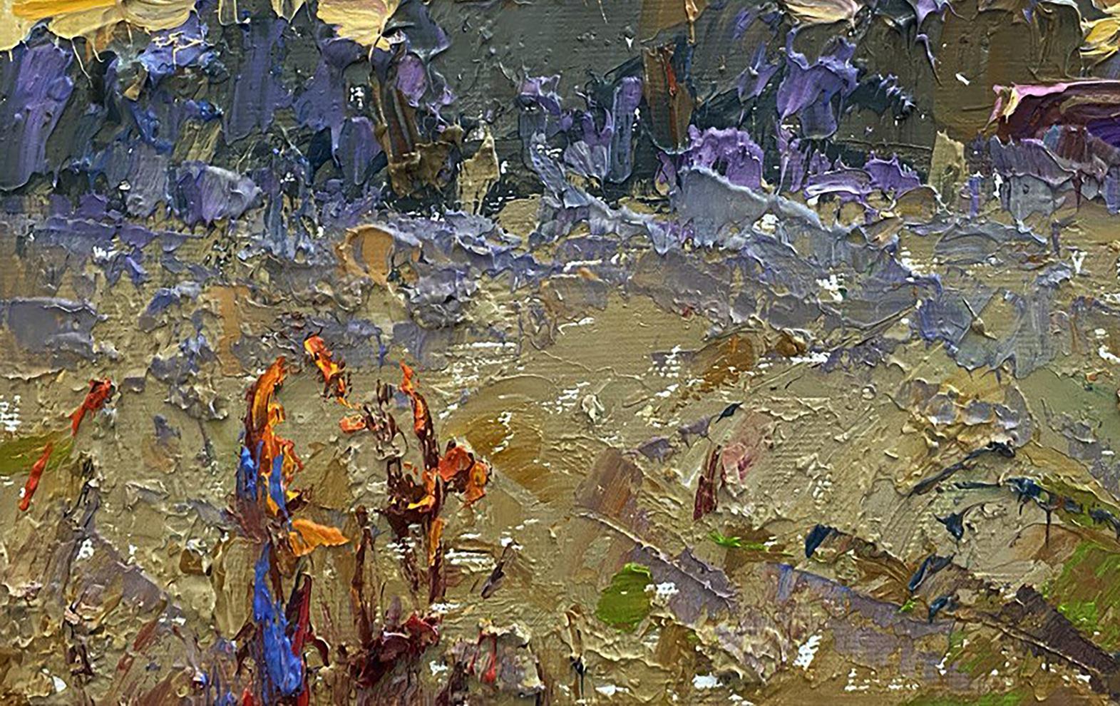 Oil painting In the steppes by Oleksiy Ivanyuk, purple orange gold landscape
