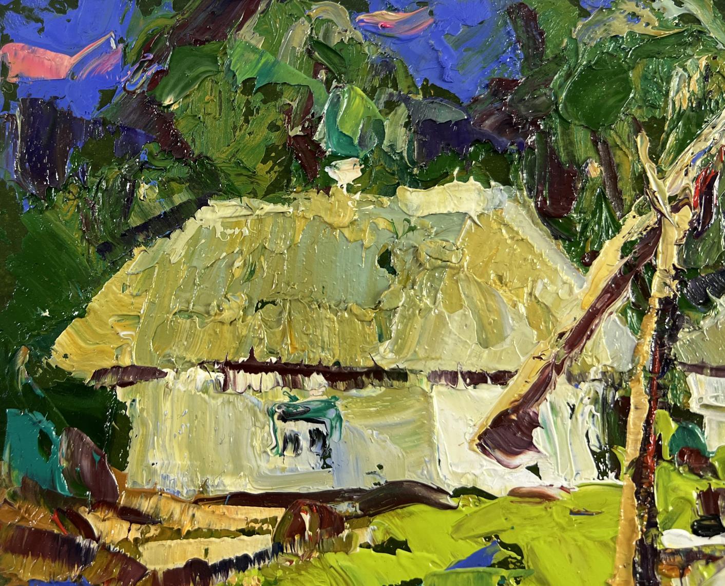 Oil painting of rustic thatched cottage by Oleksiy Ivanyuk