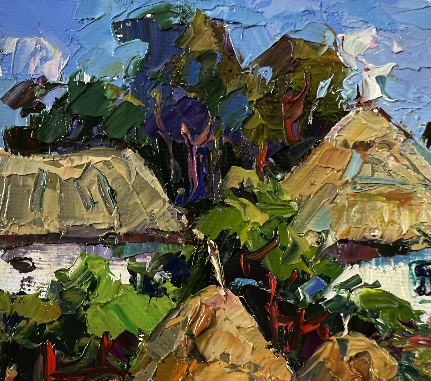 Oil painting Summer village by Oksana Ivanyuk with green foliage and thatched roofs