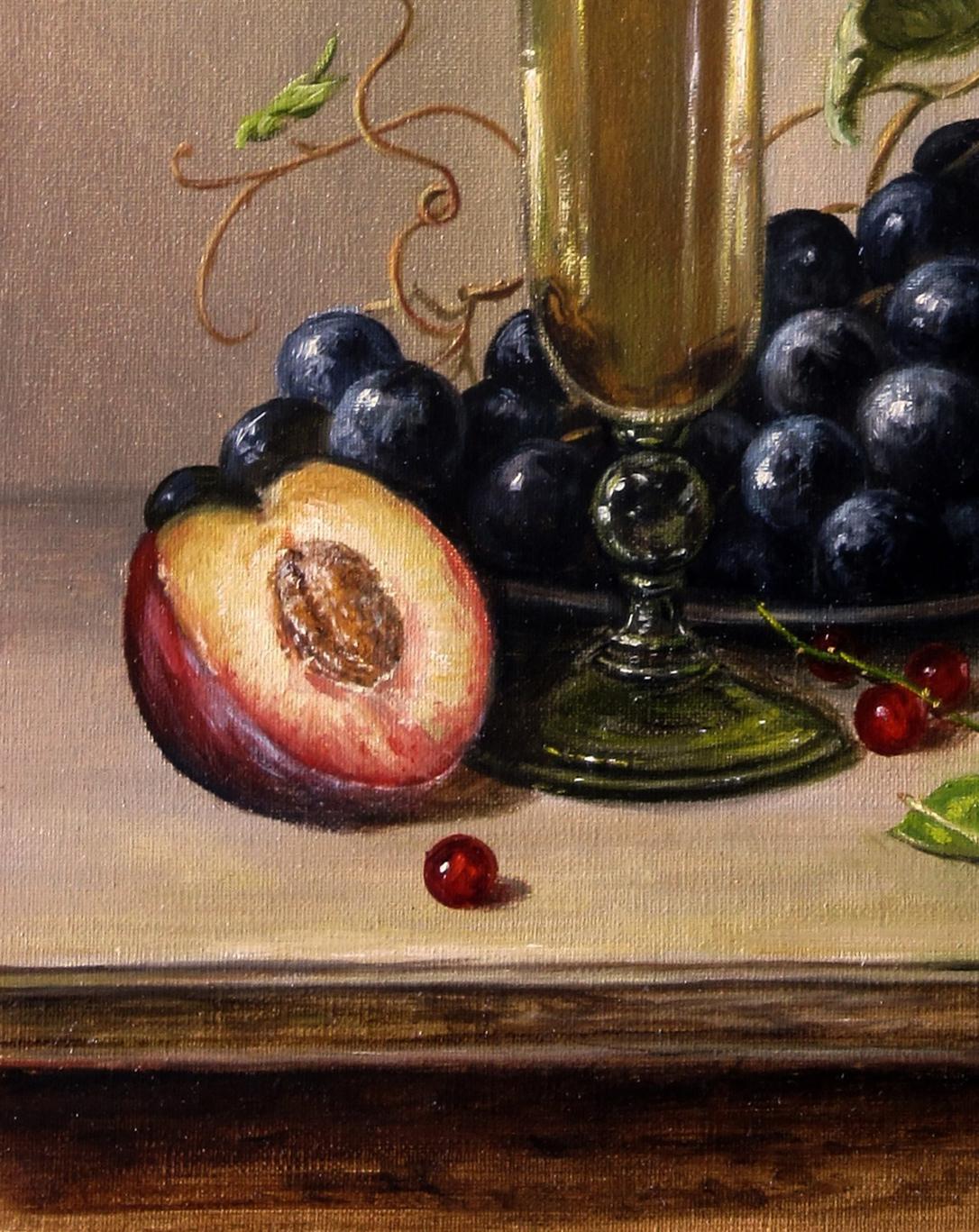Oil painting Light treat Valeriy Bulat: half-peeled peach and grapes