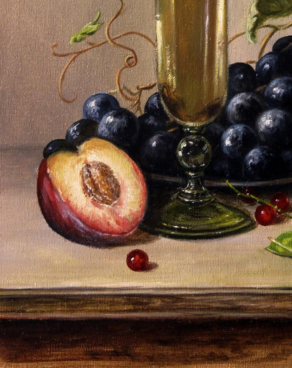 Oil painting Light treat Valeriy Bulat: half-peeled peach and grapes