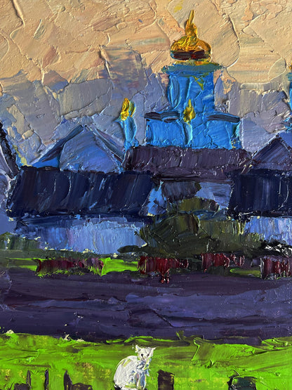 Vibrant impressionist oil painting by Boris Serdyuk of blue church with golden domes