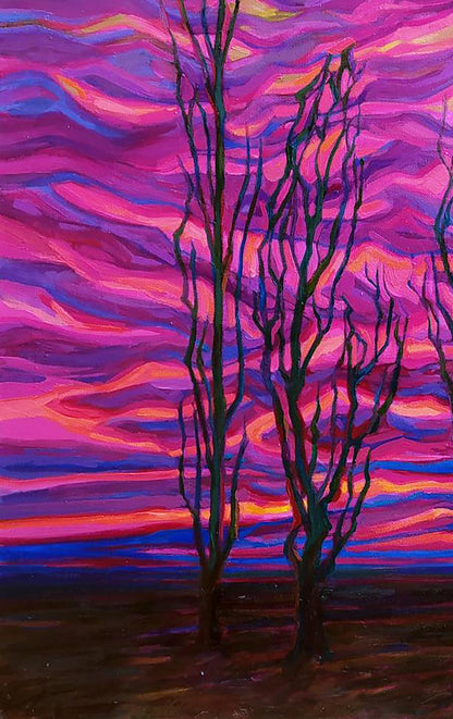 Oil painting Glow by Leonid Pavlenko: dark tree silhouettes on swirling pink sky