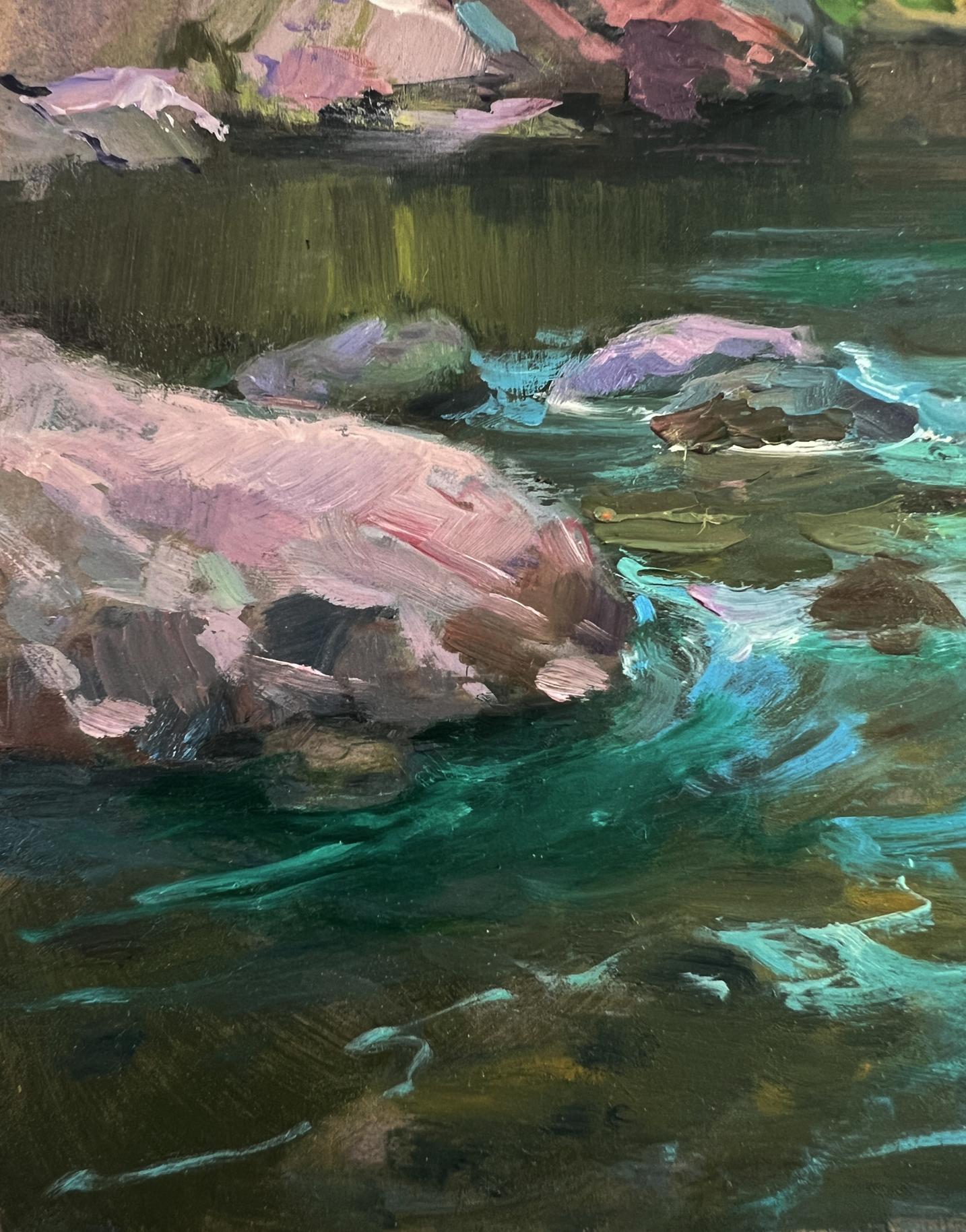 Vibrant impressionist oil painting of bridge over Yuriy Suprunchuk turquoise stream