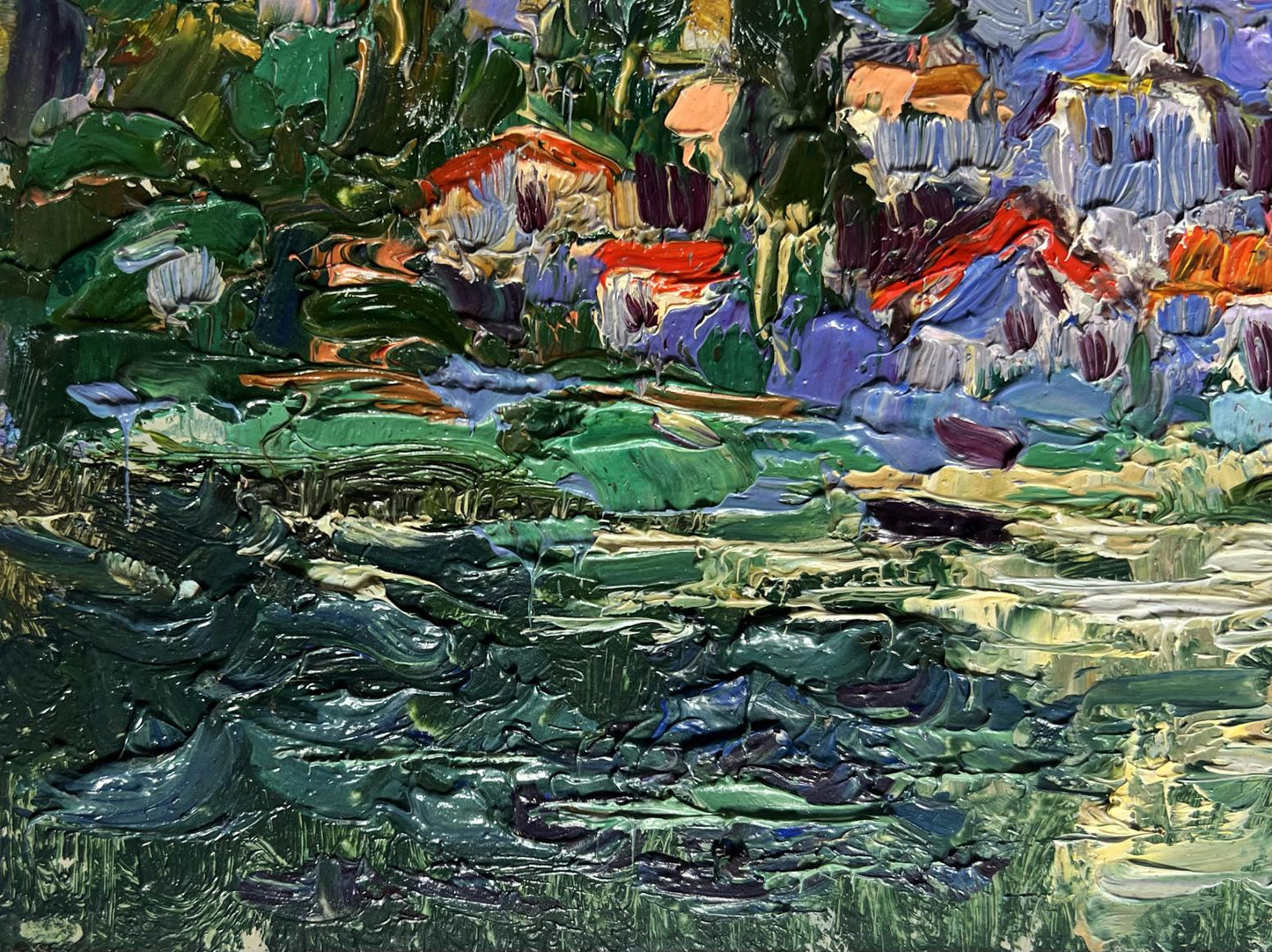 Vibrant Oleksiy Ivanyuk oil painting of city along river with foliage reflections