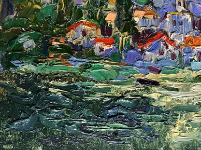 Vibrant Oleksiy Ivanyuk oil painting of city along river with foliage reflections