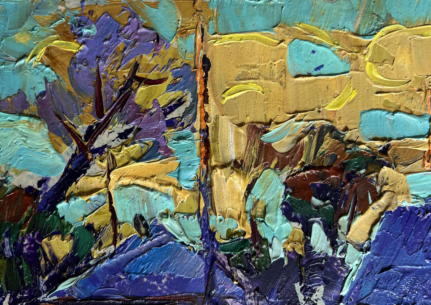 Oil painting Cold evening in the village by Oleksiy Ivanyuk, vibrant purple yellow teal impasto