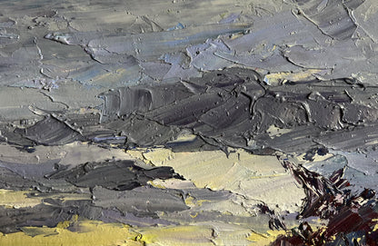 Textured gray and yellow oil painting Its a nasty day by Boris Serdyuk