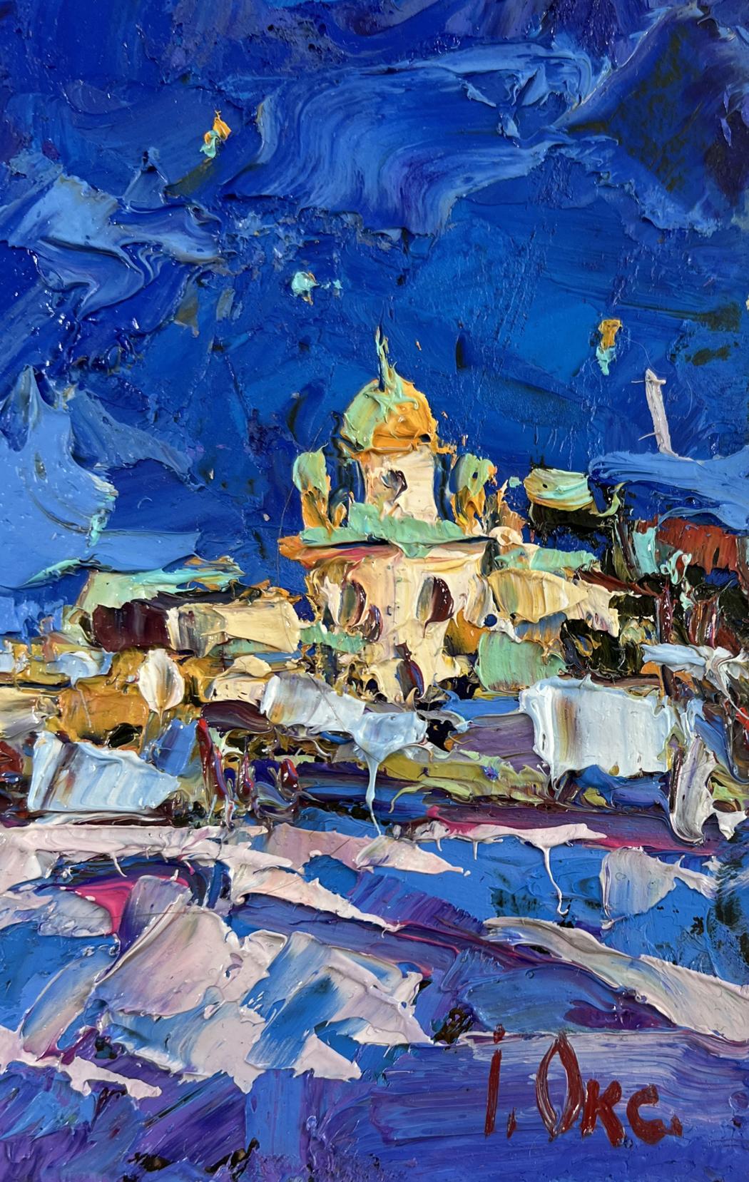 Vibrant impressionist oil painting of moonlit golden-domed church by Oksana Ivanyuk