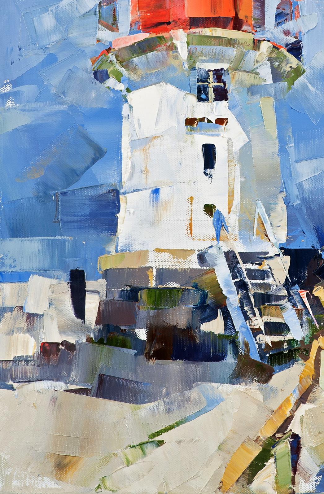 Oil painting of white lighthouse with red top by Volodymyr Gluhomanyuk, Hellen Hiddensee