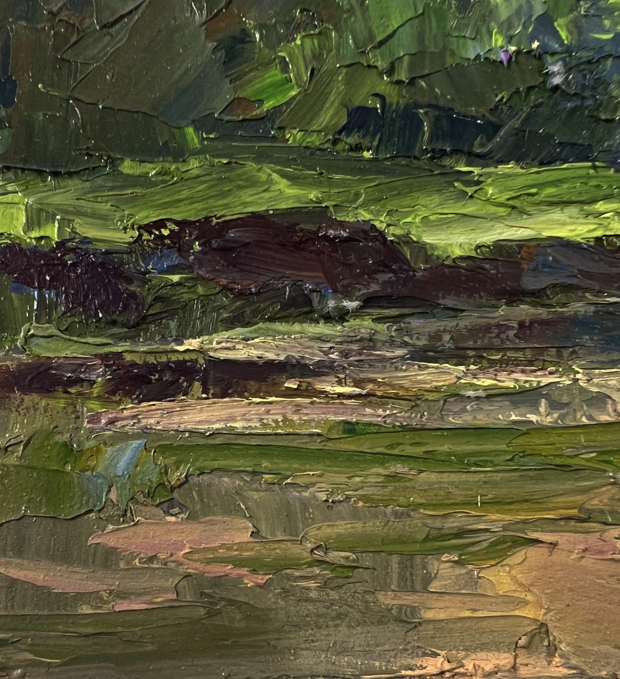 Textured oil painting of spring sunset over river by Boris Serdyuk