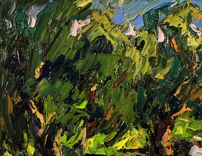 Vibrant impressionist oil painting of sunset coast foliage by Oksana Ivanyuk