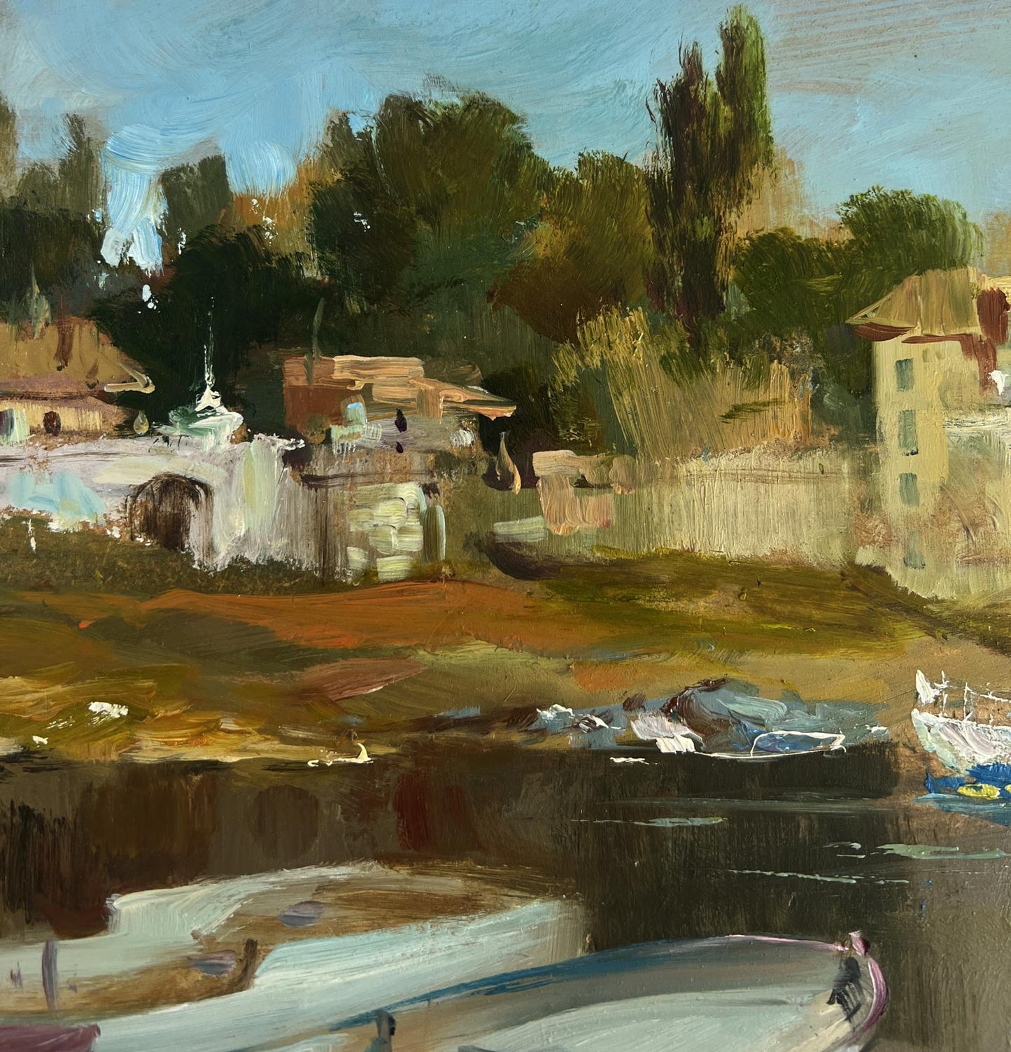 Impressionistic oil painting of riverside village with boats by Yuriy Suprunchuk