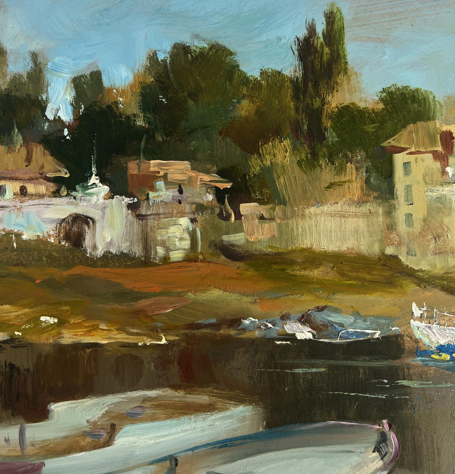 Impressionistic oil painting of riverside village with boats by Yuriy Suprunchuk