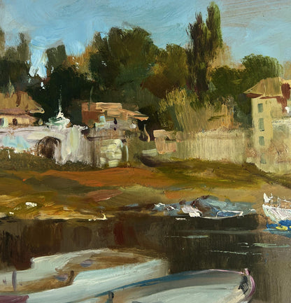 Impressionistic oil painting of riverside village with boats by Yuriy Suprunchuk